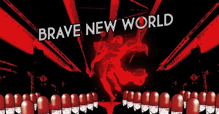 Imagem com o termo 'brave new world' cercado de pilulas de medicação e a estatua da liberdade